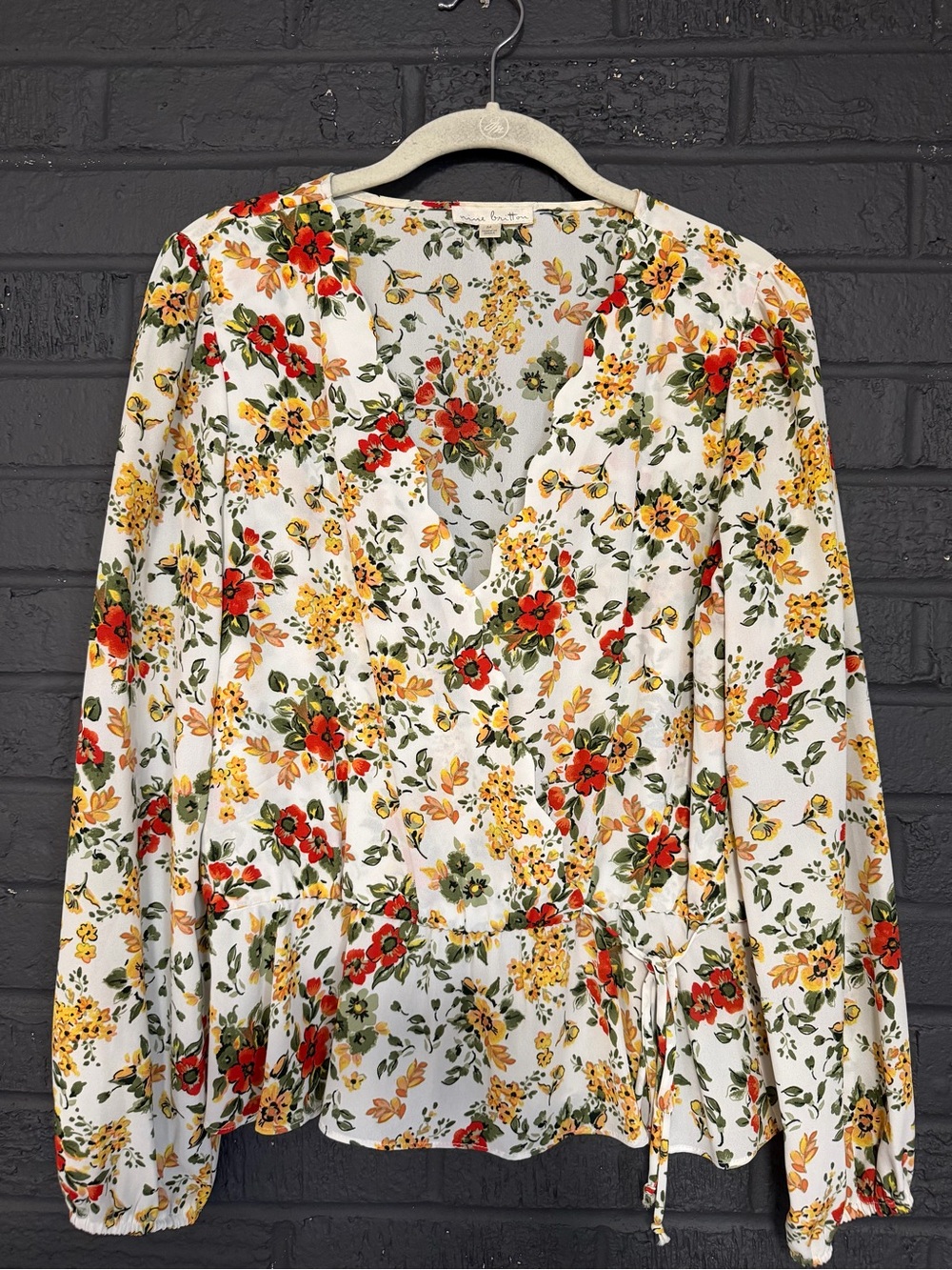 nine britton White Floral Wrap Blouse with Red & Yellow Flowers
